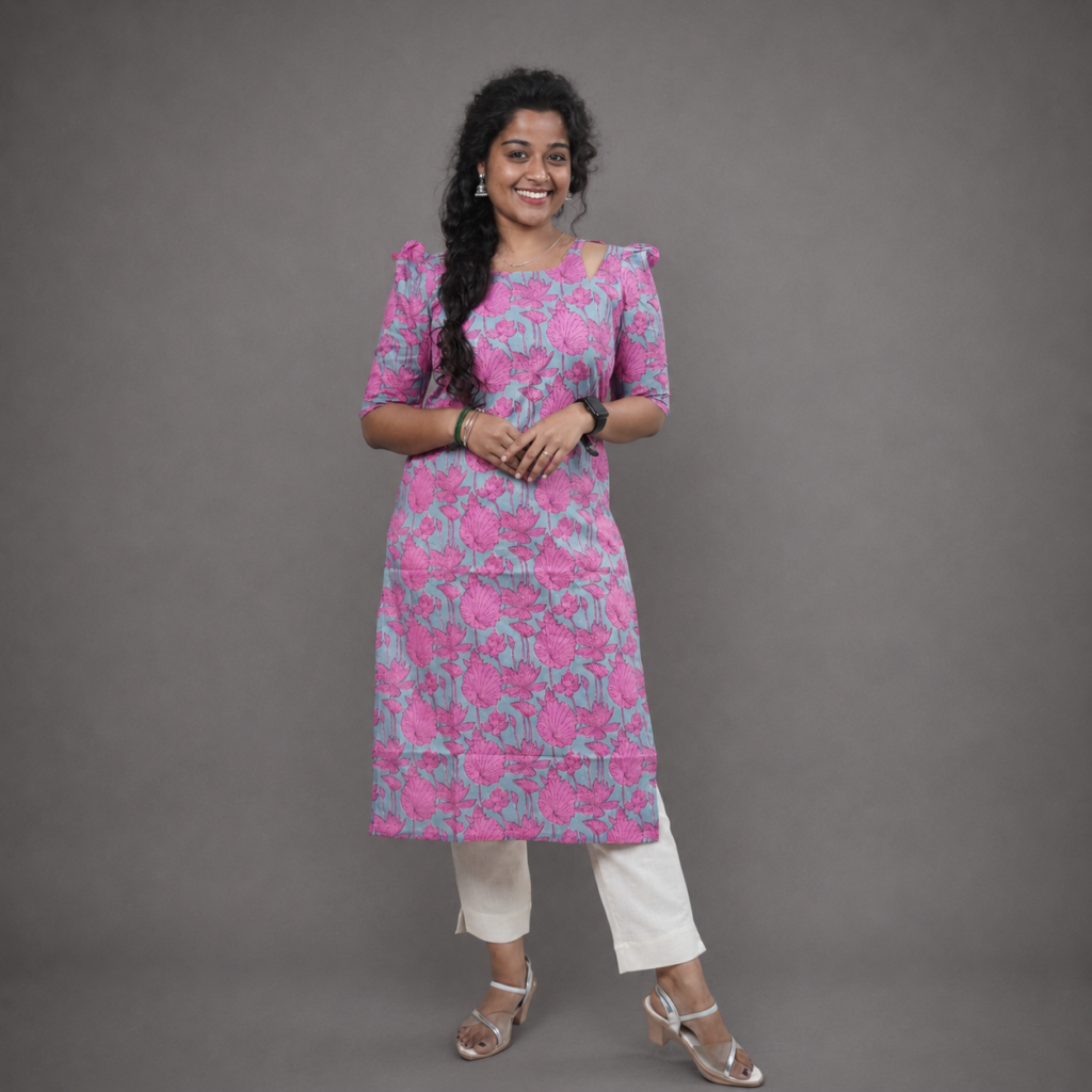 Pink Multicolour Floral Pure Cotton Kurta